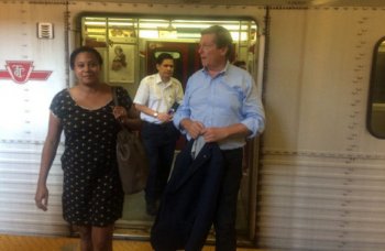 Mayor John Tory arrives at Kipling station this morning after riding across the Bloor-Danforth subway line during rush hour in a car without air conditioning on one of the hottest days of the summer.